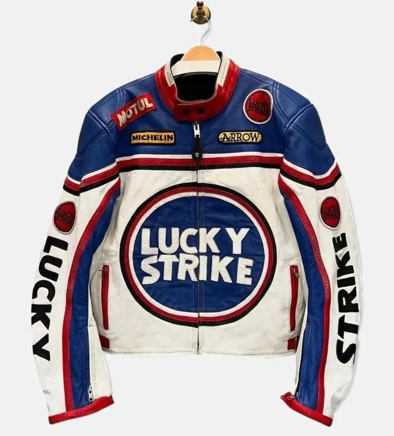 ハンドメイドブルーレザーレーシングジャケット：ヴィンテージ