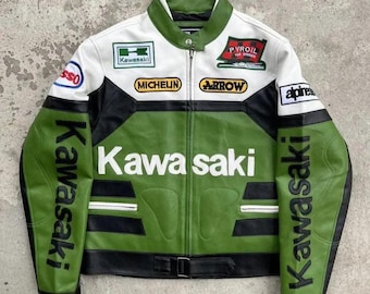 Vintage Kawasaki Motorbike Racing Jacket Genuine Cowhide Leather Biker Jacket Streetwear Jacket Motorcycle Riding Jacket CE Approved Armors
