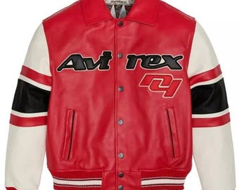 Avirex City Series USA Jacket In Red Color with White Arm Stapes, Limited Edition American Bomber Leather Jacket, Gift For Him/ Her