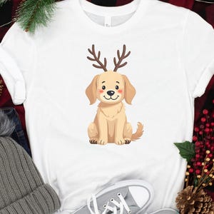 Golden Retriever Christmas Shirt, Cute Reindeer Antlers, Hand Drawn Cartoon Style, Cozy Holiday Design, Christmas Gift For Dog Lovers