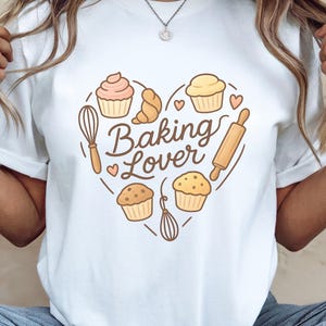 Shirt Baking Lover, leuk bakcadeau, cartoon keukenpictogrammen T-shirt, vlakke grillige stijl, Baker verjaardagscadeau, T-shirt Baking Lover, T-shirt gebak