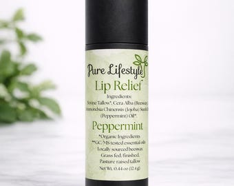 Alívio Labial - Hortelã-pimenta Óleo Essencial: Sebo de Abelha Alimentada a Pasto, Cera de Abelha, Óleo de Jojoba Orgânico