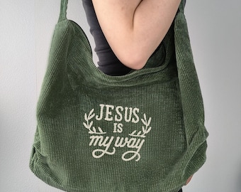 Embroidered Corduroy Bible Tote Bag, Personalized Name, Gift for Catholics, Custom Baptism Gift for Women, Easter gifts