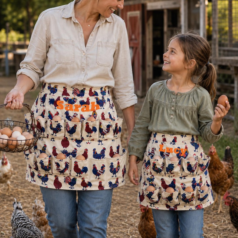 May include: Two egg-collecting aprons made of cream-colored fabric featuring a repeating pattern of colorful roosters. Each apron has multiple pockets holding brown eggs and is embroidered with the names Sarah or Lucy in orange thread.