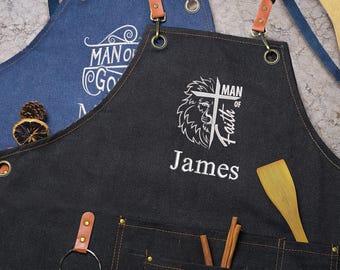 Embroidered Canvas Apron, Personalized Religious Design Apron, BBQ and Restaurant Cooking Apron, Fathers Day Gift for Men   BG