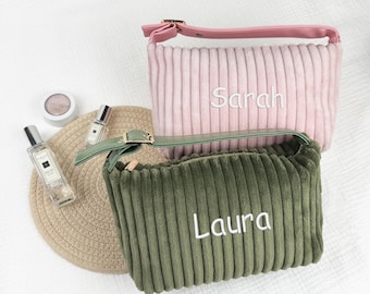 Personalized Corduroy Makeup Bag – French Style Clutch, Travel Toiletries Organizer, Zippered Carry-On, Mother’s Day and Bridesmaid Gift