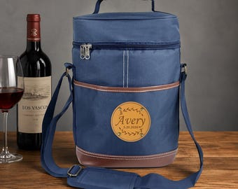 Personalized Double Wine Bottle Cooler Bag, Custom Name Leather Patch Insulated Wine Tote, Wine Carrier for Camping, Fathers Day Gift
