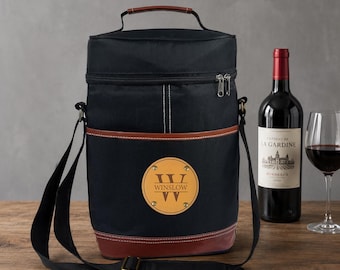 Personalized Double Wine Bottle Cooler Bag, Custom Name Leather Patch Insulated Wine Tote, Wine Carrier for Camping, Fathers Day Gift