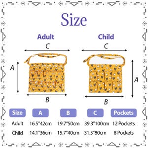 May include: A size chart for yellow aprons with a chicken pattern. The adult apron measures 16.5 inches by 19.7 inches by 39.3 inches with 12 pockets. The child apron measures 14.1 inches by 15.7 inches by 31.5 inches with 8 pockets.