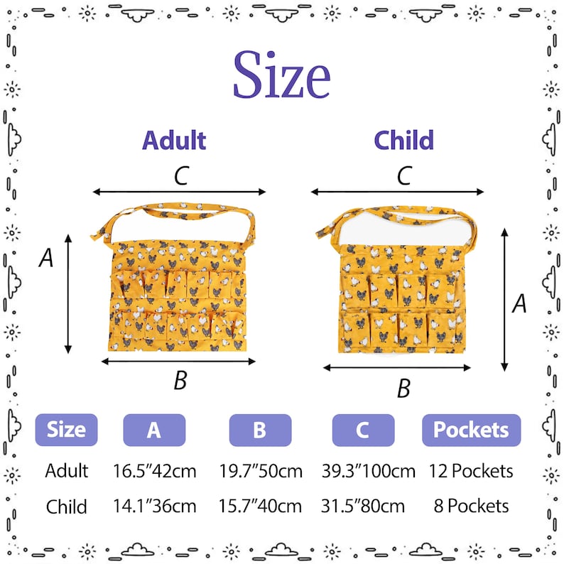 May include: A size chart for yellow aprons with a chicken pattern. The adult apron measures 16.5 inches by 19.7 inches by 39.3 inches with 12 pockets. The child apron measures 14.1 inches by 15.7 inches by 31.5 inches with 8 pockets.