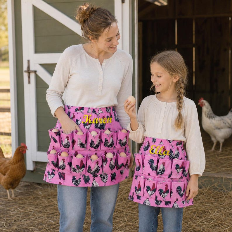 May include: Two pink egg-collecting aprons featuring a repeating rooster pattern and embroidered names. The aprons have multiple individual pockets designed to hold eggs securely. The fabric is a vibrant pink with black, white, and red rooster illustrations.