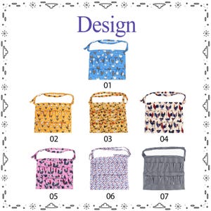 May include: A collection of seven waist aprons with multiple pockets, labeled 01 through 07. The designs include various chicken patterns in blue, yellow, cream, and pink, a small geometric pattern, and a grey and white vertical striped fabric.