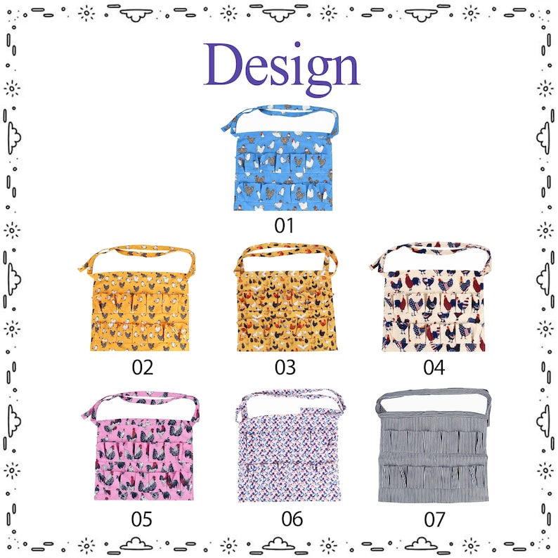 May include: A collection of seven waist aprons with multiple pockets, labeled 01 through 07. The designs include various chicken patterns in blue, yellow, cream, and pink, a small geometric pattern, and a grey and white vertical striped fabric.