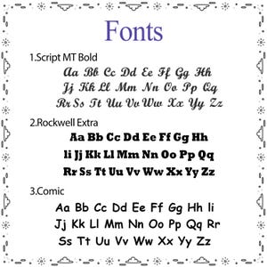 May include: A white chart titled Fonts displaying three alphabet styles in black text. The options are 1. Script MT Bold, 2. Rockwell Extra, and 3. Comic. Each section shows uppercase and lowercase letters from A to Z, framed by a decorative border.