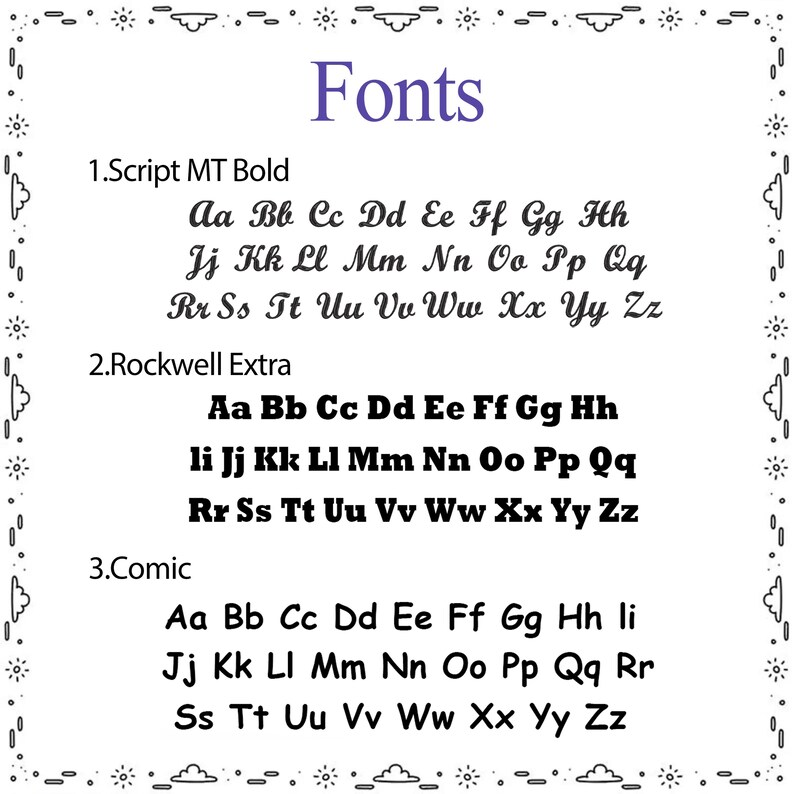 May include: A white chart titled Fonts displaying three alphabet styles in black text. The options are 1. Script MT Bold, 2. Rockwell Extra, and 3. Comic. Each section shows uppercase and lowercase letters from A to Z, framed by a decorative border.