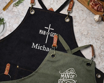 Embroidered Canvas Apron, Personalized Religious Design Apron, BBQ and Restaurant Cooking Apron, Fathers Day Gift for Men   BG