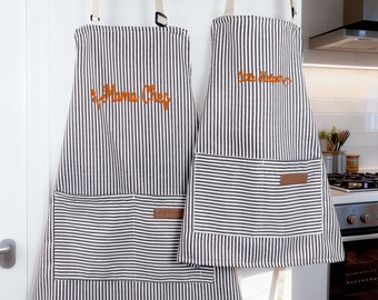 Personalized Parent-Child Striped Aprons, Custom Name Embroidery, Pocketed Polyester-Cotton Kitchen Aprons, Gifts for Kids & Mom
