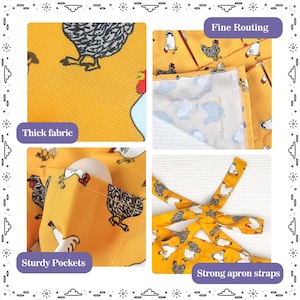 May include: A yellow apron featuring a repeating pattern of white and black chickens. The apron displays thick fabric, fine routing along the edges, sturdy pockets containing an egg, and strong apron straps for securing the garment around the waist.