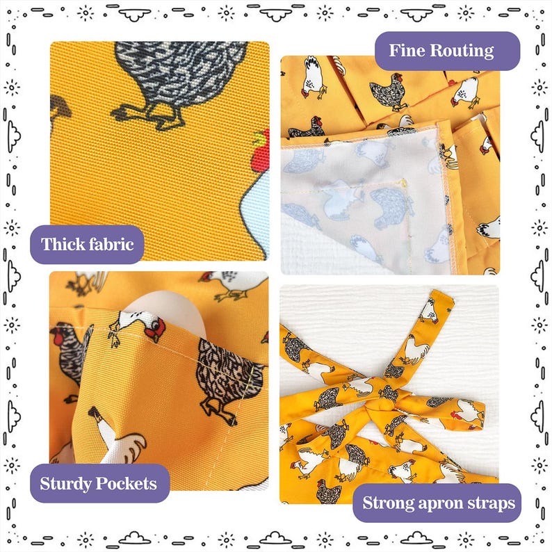 May include: A yellow apron featuring a repeating pattern of white and black chickens. The apron displays thick fabric, fine routing along the edges, sturdy pockets containing an egg, and strong apron straps for securing the garment around the waist.