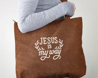 Embroidered Corduroy Bible Tote Bag, Faith-Inspired Christian Gift, Custom Name Tote, Ideal for Church or Back-to-School, Personalized Bag