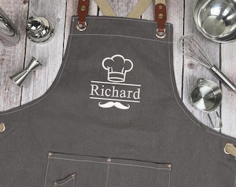 Personalized Embroidered Canvas Apron with Pockets, Custom BBQ Cooking Apron for Men, Kitchen Grill Apron, Fathers Day Gift  BA