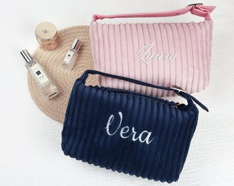 Personalized Corduroy Makeup Bag – French Style Clutch, Travel Toiletries Organizer, Zippered Carry-On, Mother’s Day and Bridesmaid Gift