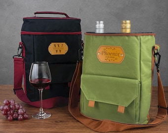 Personalized Double Wine Bottle Cooler Bag, Custom Name Leather Patch Insulated Wine Tote, Wine Carrier for Camping, Fathers Day Gift