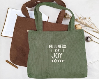 Embroidered Corduroy Bible Tote Bag, Faith-Inspired Christian Gift, Custom Name Tote, Ideal for Church or Back-to-School, Personalized Bag