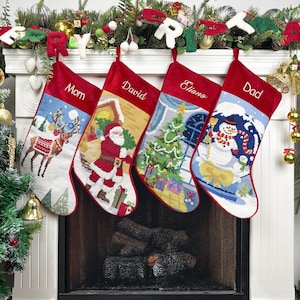 Personalized Needlepoint Christmas Stockings, Custom-Named Wool Socks, Hand-Stitched Santa, Trees, Reindeer, and Snowmen Designs