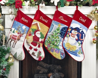 Personalized Needlepoint Christmas Stockings, Custom-Named Wool Socks, Hand-Stitched Santa, Trees, Reindeer, and Snowmen Designs