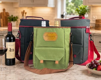 Personalized Wine Gift Bag with Custom Leather Name Patch, Insulated Double Bottle Wine Tote, Hostess Gift for Parties, Weddings Father Day
