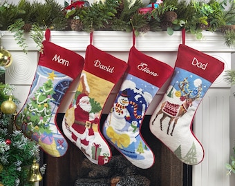 Personalized Needlepoint Christmas Stockings, Custom Name Wool Stockings, Family Stockings, Vintage Holiday Decoration, Christmas Gifts