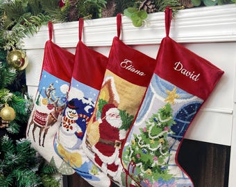 Personalized Needlepoint Christmas Stockings, Custom Name Wool Stockings, Family Stockings, Vintage Holiday Decoration, Christmas Gifts