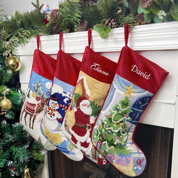 Personalized Needlepoint Christmas Stockings, Custom Name Wool Stockings, Family Stockings, Vintage Holiday Decoration, Christmas Gifts