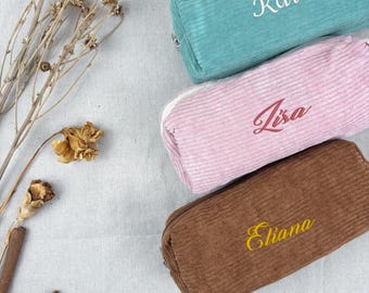 Personalized Corduroy Storage Pouch, Custom Embroidered Name, Zipper Closure, Ideal for Cosmetics, Cables, Travel Essentials, Gift for Women