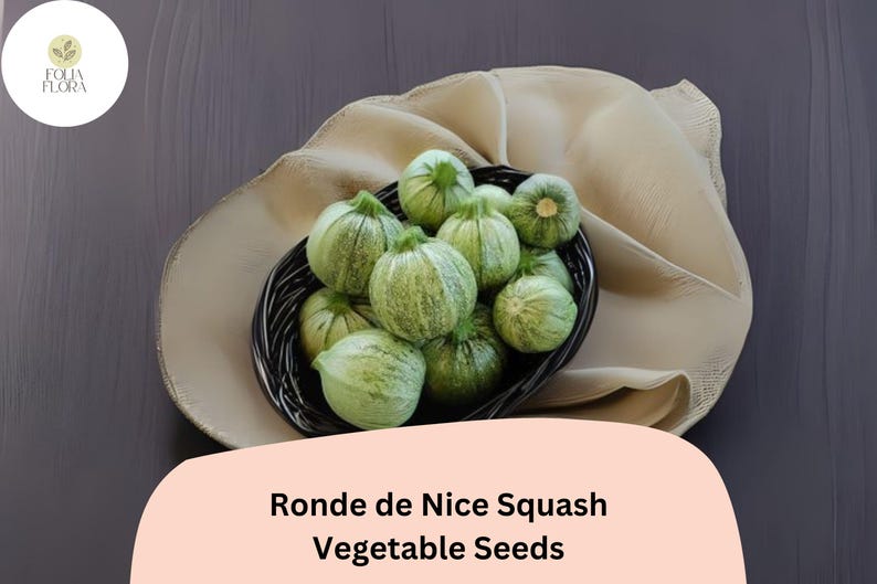 May include: A black woven basket filled with Ronde de Nice squash. The squash are round, green, and speckled. The basket sits on a beige cloth, with a dark gray background. The text "Ronde de Nice Squash Vegetable Seeds" is displayed on a peach-colored banner.