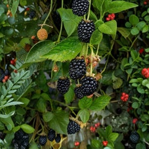 May include: A cluster of ripe, dark purple blackberries hanging from a green vine with serrated leaves. Interspersed among the blackberries are small, round, bright red berries and a single light orange, unripe berry on the leafy plant.