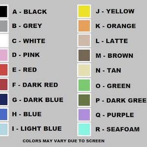 Puede incluir: Una carta de colores con 18 colores diferentes, etiquetados con letras y nombres de colores. Los colores incluyen negro, gris, blanco, rosa, rojo, rojo oscuro, azul oscuro, azul, azul claro, amarillo, naranja, latte, marr&oacute;n, marr&oacute;n, verde, verde oscuro, morado y verde agua.