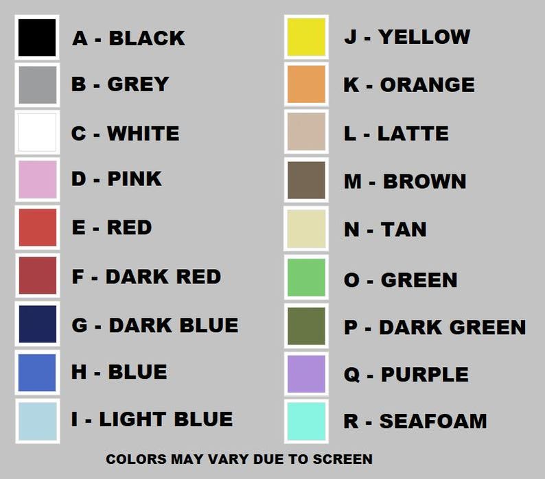 Puede incluir: Una carta de colores con 18 colores diferentes, etiquetados con letras y nombres de colores. Los colores incluyen negro, gris, blanco, rosa, rojo, rojo oscuro, azul oscuro, azul, azul claro, amarillo, naranja, latte, marr&oacute;n, marr&oacute;n, verde, verde oscuro, morado y verde agua.
