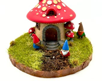Mushroom House Gnome Village OOAK Handmade Diorama 3D Print Hand Painted 5" Base