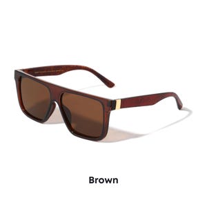 May include: Brown square-shaped sunglasses with a gold accent on the bridge.