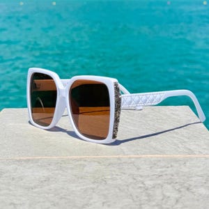 FLORENCE - Glamorous Square Sunglasses with Blinged Side Rhinestones|Trendy Shades for Birthdays, Bridal Parties, Festivals & Summer Fashion