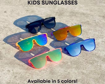 KIDS Flat Top Shield Colored Mirror Sunglasses: UV Protection, Trendy Summer Shades - SUNSET