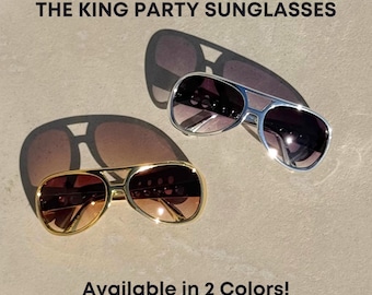 Elvis Sunglasses - Gold & Silver Aviator Shades, 70s Disco Costume - THE KING