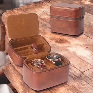 Leren herenhorlogedoos voor op reis | Bruine opbergdoos voor horloge | Compacte sieradendoos voor hem | Cadeau bruidegom | Reisorganisator voor heren