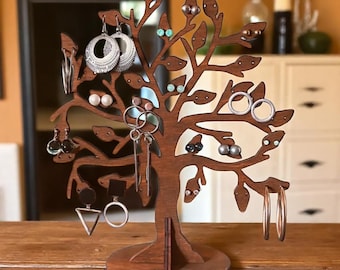 Árbol de madera para exhibir pendientes: expositor de joyas doradas