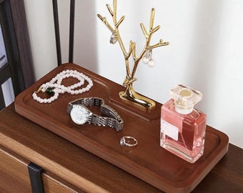 Expositor de joyas con bandeja de nogal, moderno soporte para collares dorados