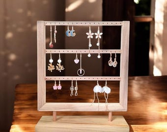 Houten sieradendoosje en displaystandaard voor oorbellen: opbergrek voor op tafel