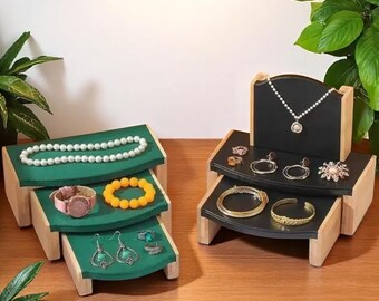 3-Piece Velvet Jewelry Display Set | Wooden Organizer Stand