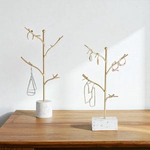 Gold Jewelry Organizer Stand with Marble Base – Necklace Hanger, Earring Holder, Bracelet Tree, Unique Gift for Jewelry Lovers